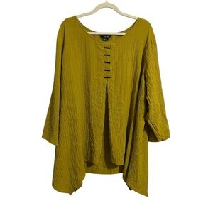 Ali Miles Shark Bite Tunic Mustard Yellow Top Size 3X Lagenlook Relaxed Gauzy